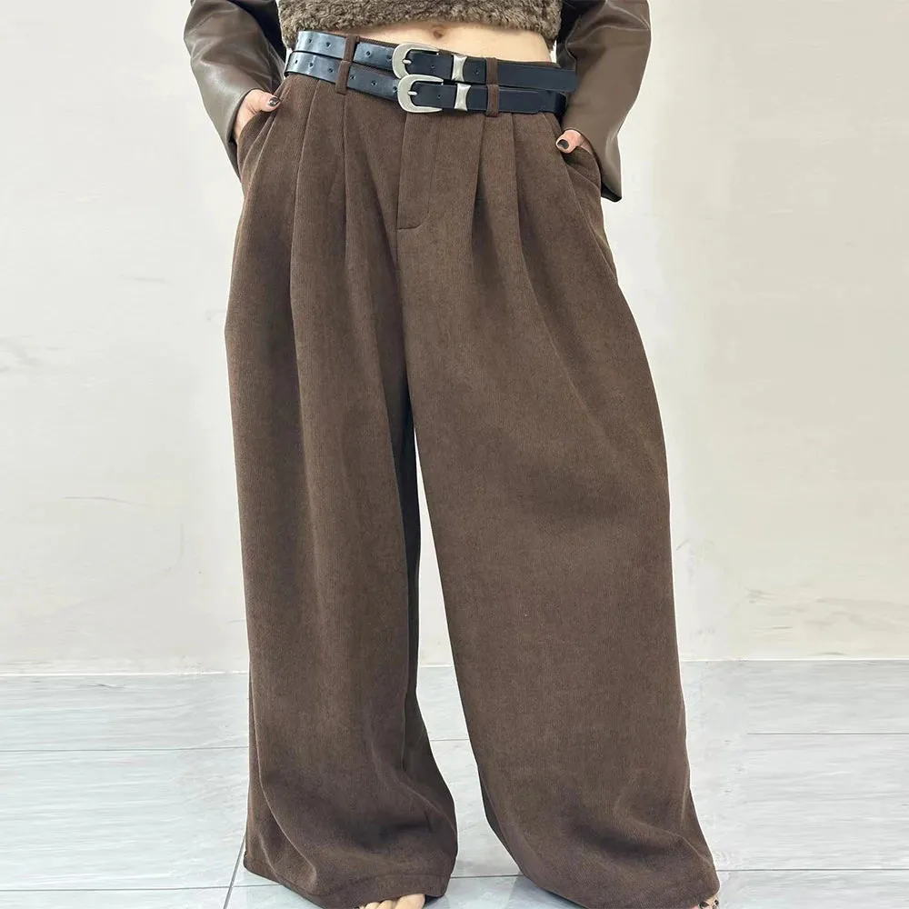 Solid Spliced Pockets Pants For Women High Waist Patchwork Belts Casual Minimalist Wide Leg Pant Female Fashion