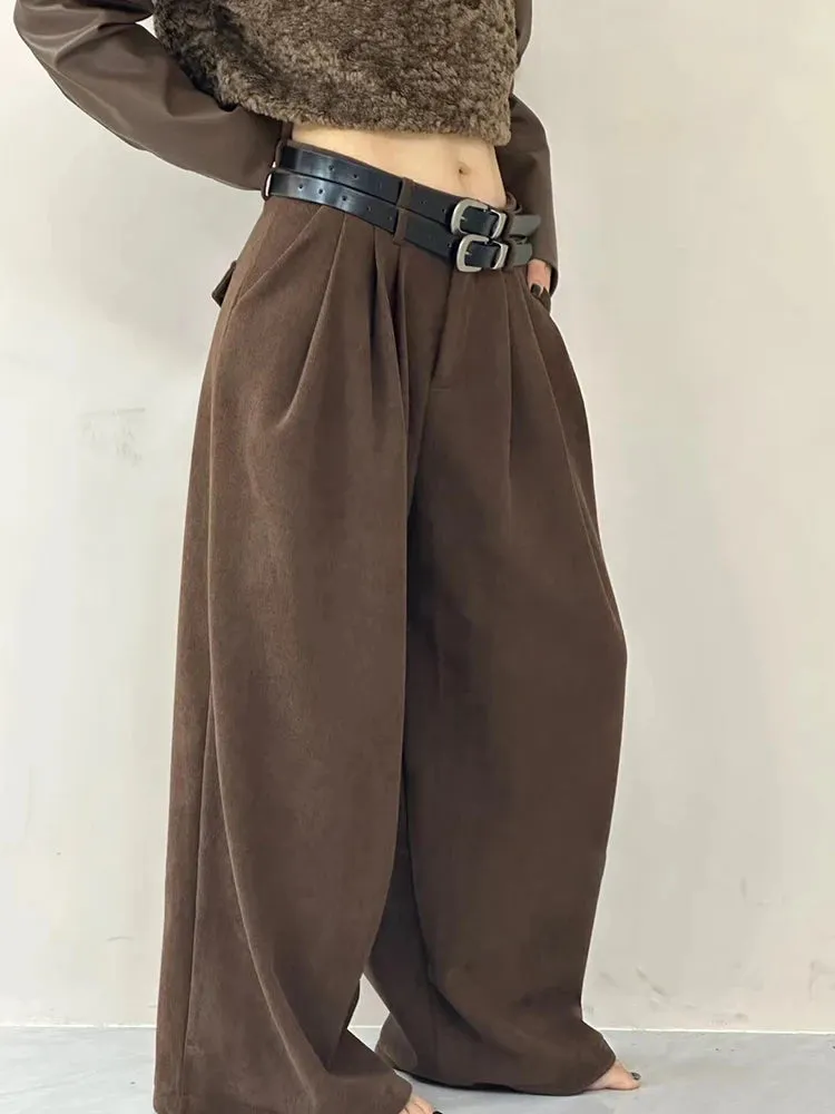 Solid Spliced Pockets Pants For Women High Waist Patchwork Belts Casual Minimalist Wide Leg Pant Female Fashion