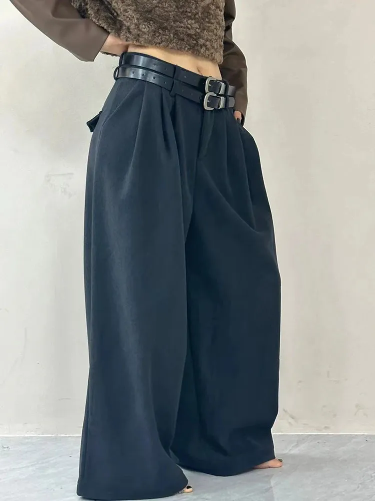 Solid Spliced Pockets Pants For Women High Waist Patchwork Belts Casual Minimalist Wide Leg Pant Female Fashion