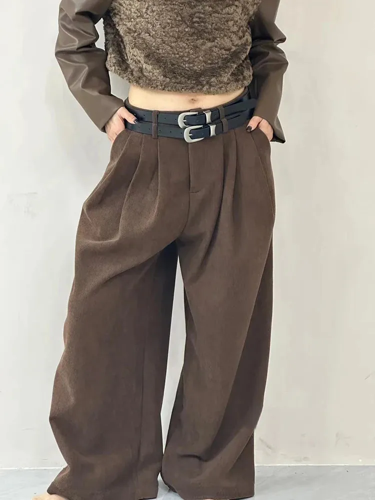 Solid Spliced Pockets Pants For Women High Waist Patchwork Belts Casual Minimalist Wide Leg Pant Female Fashion