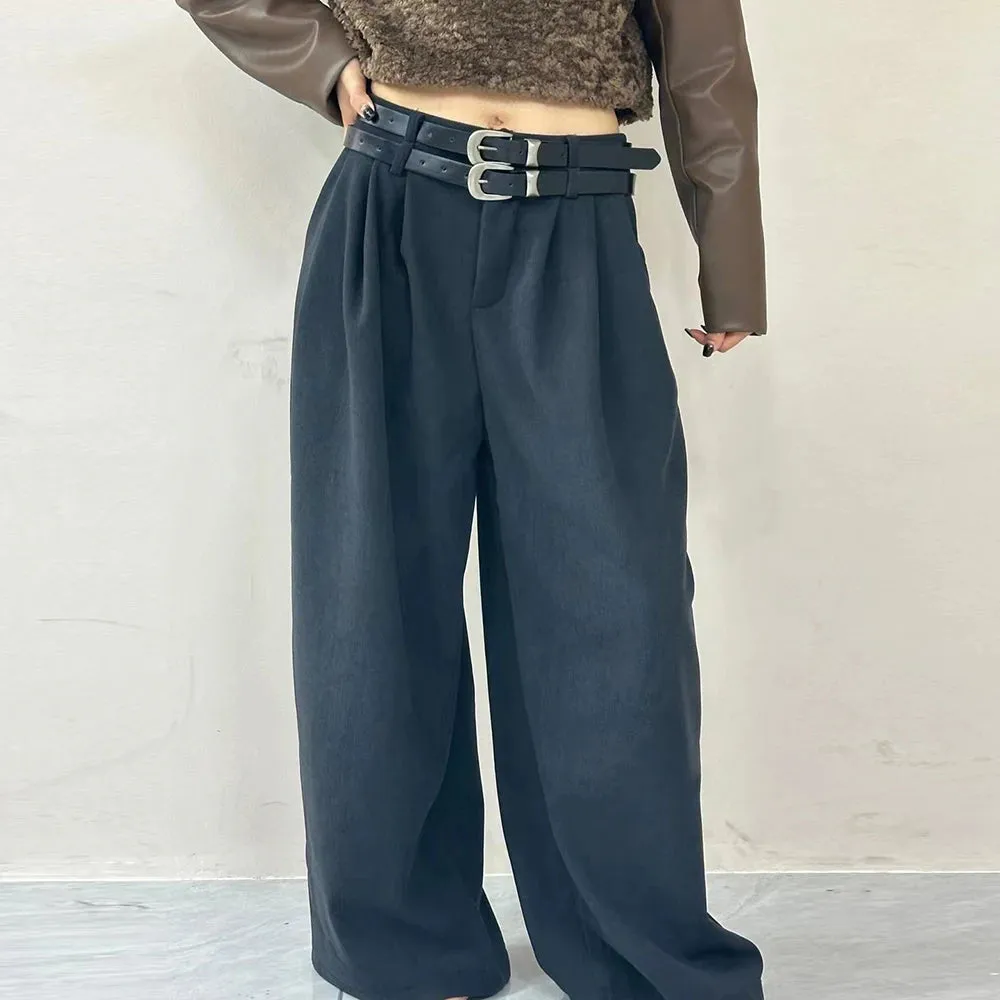 Solid Spliced Pockets Pants For Women High Waist Patchwork Belts Casual Minimalist Wide Leg Pant Female Fashion