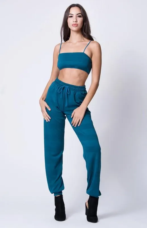 Solid Texture Spaghetti Straps Jogger Set