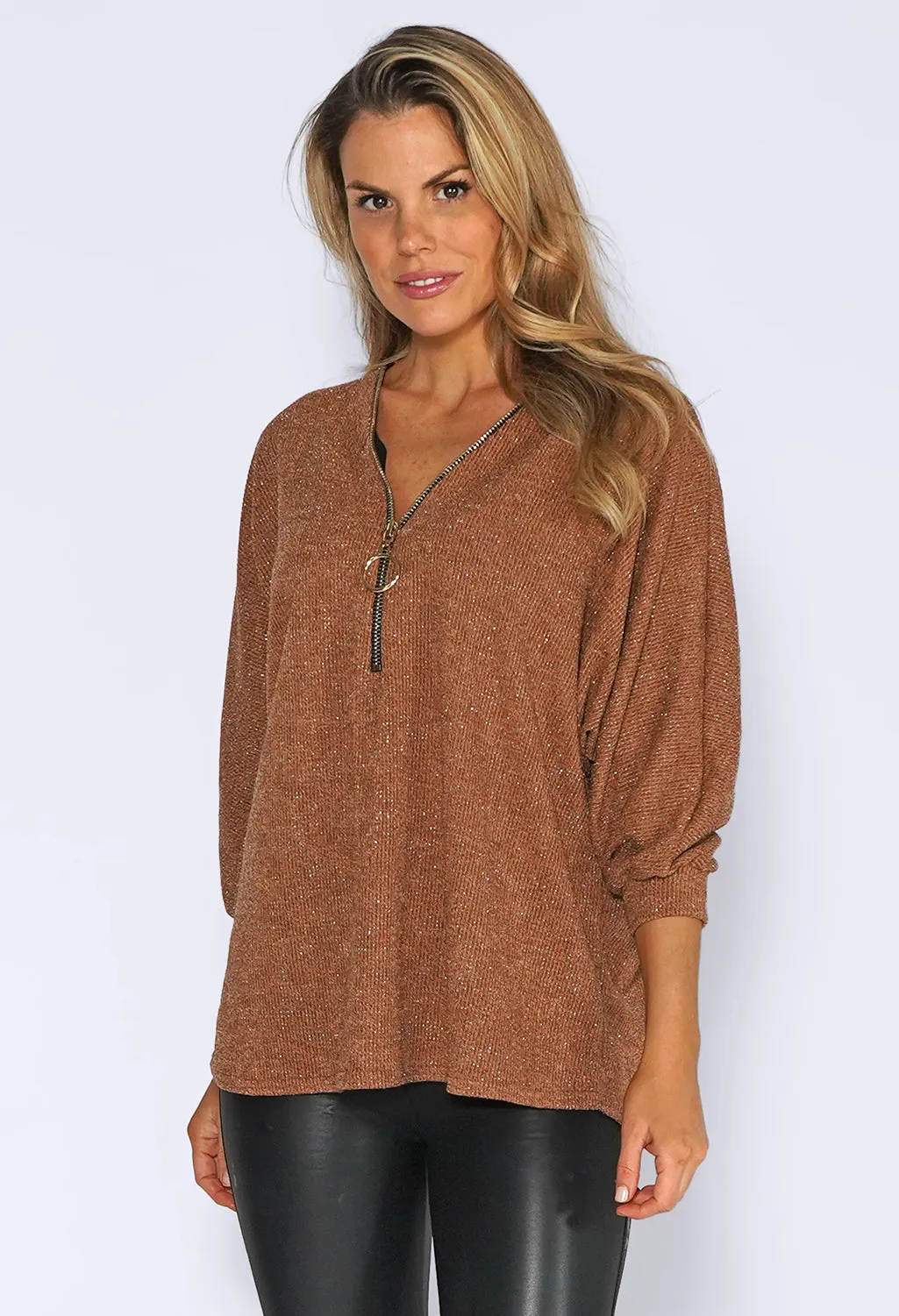 Tan Glitter Strand Zip Up Knit Jumper