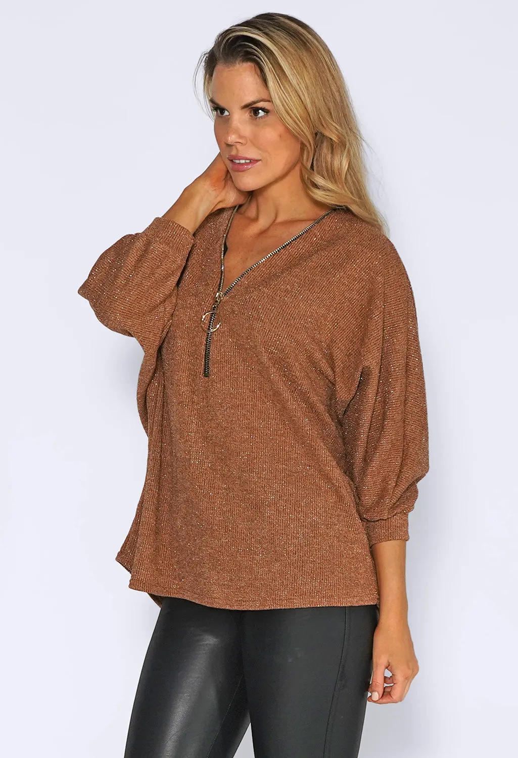 Tan Glitter Strand Zip Up Knit Jumper