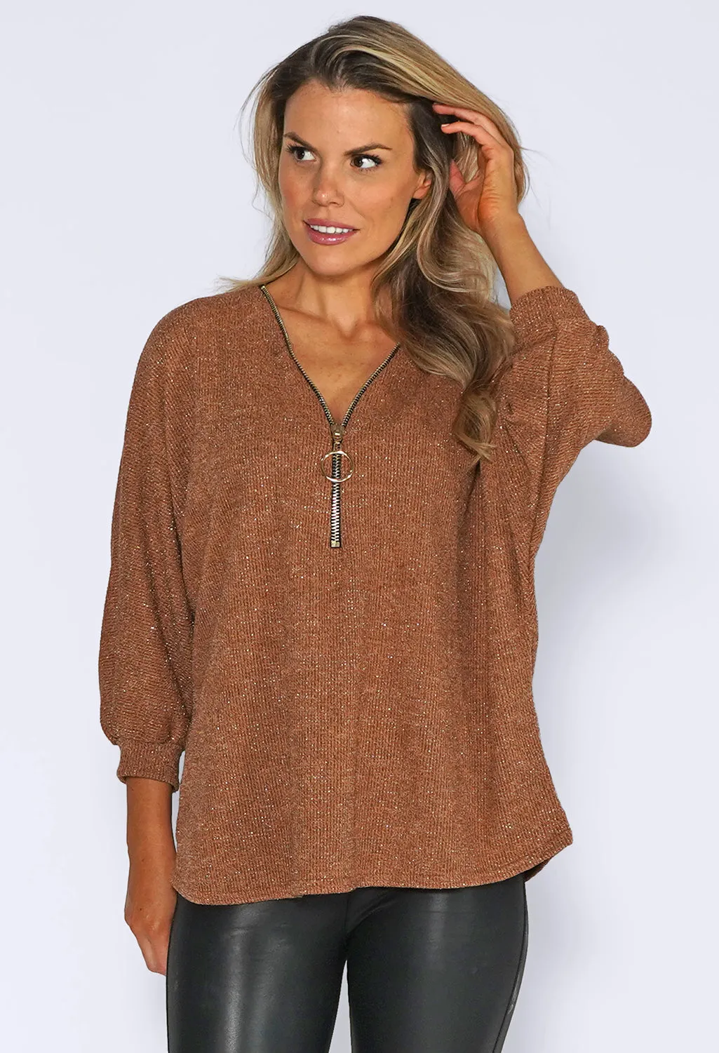 Tan Glitter Strand Zip Up Knit Jumper