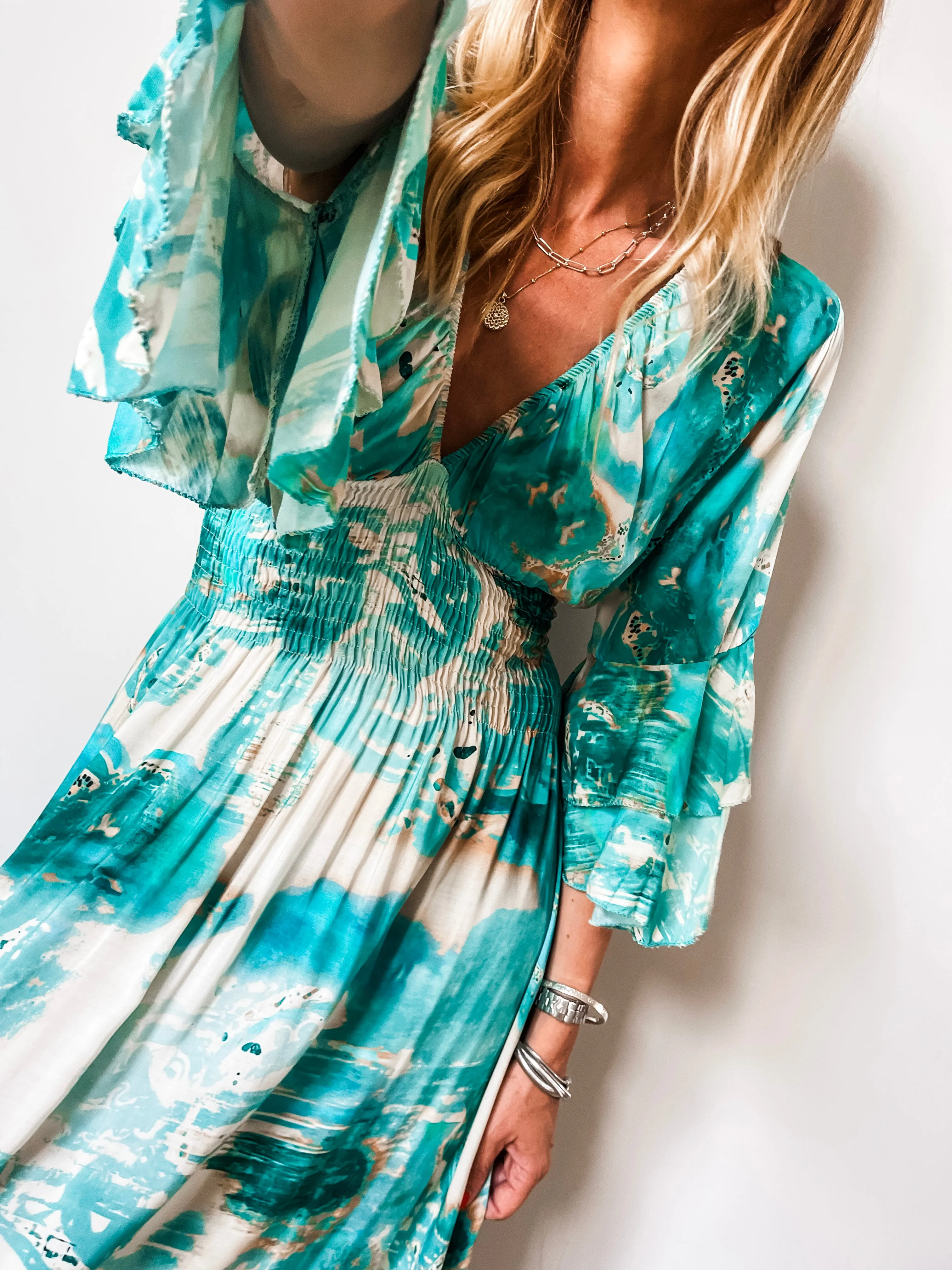 Tropical Print Shirred V-Neck Maxi Dress