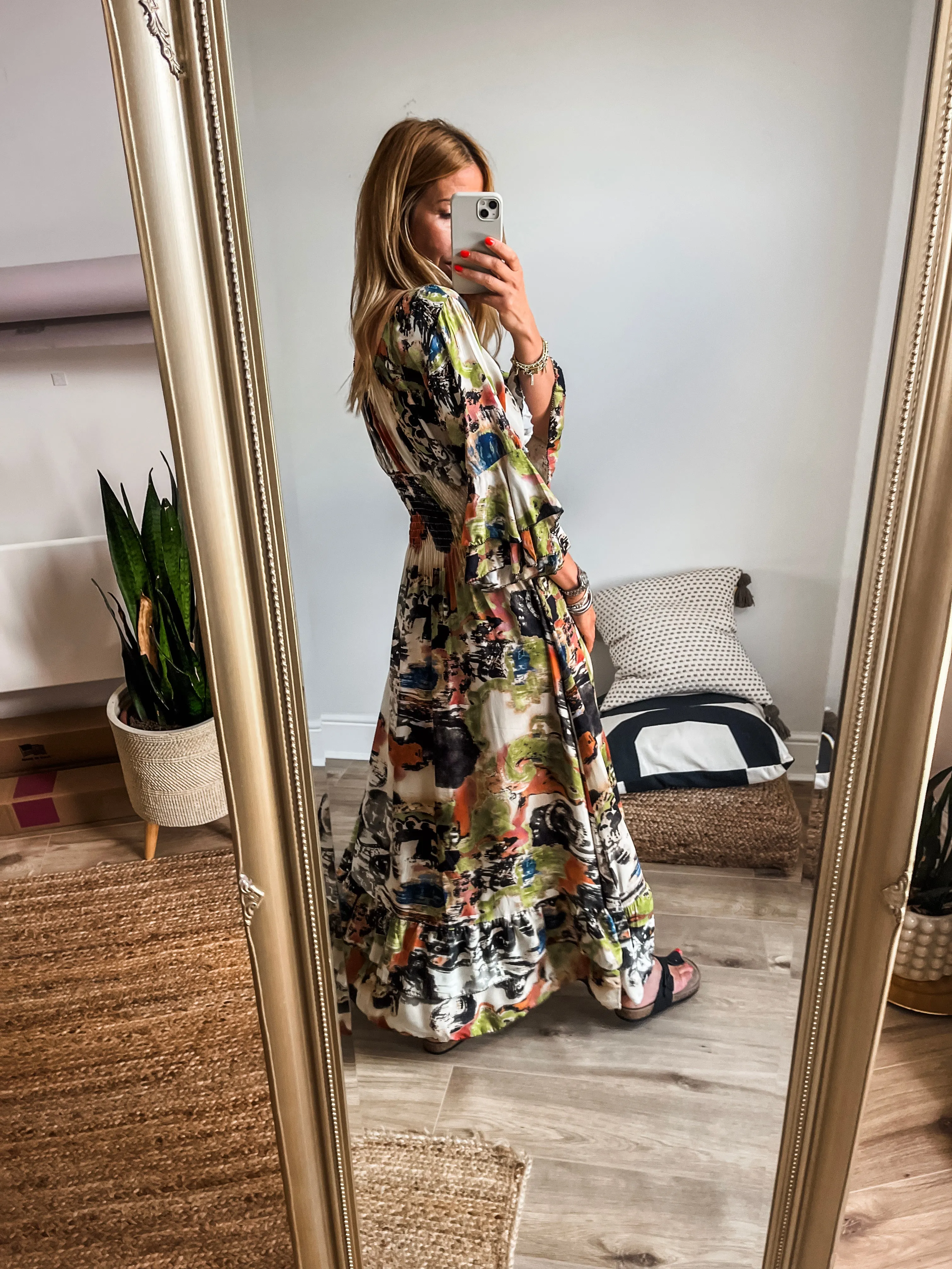 Tropical Print Shirred V-Neck Maxi Dress