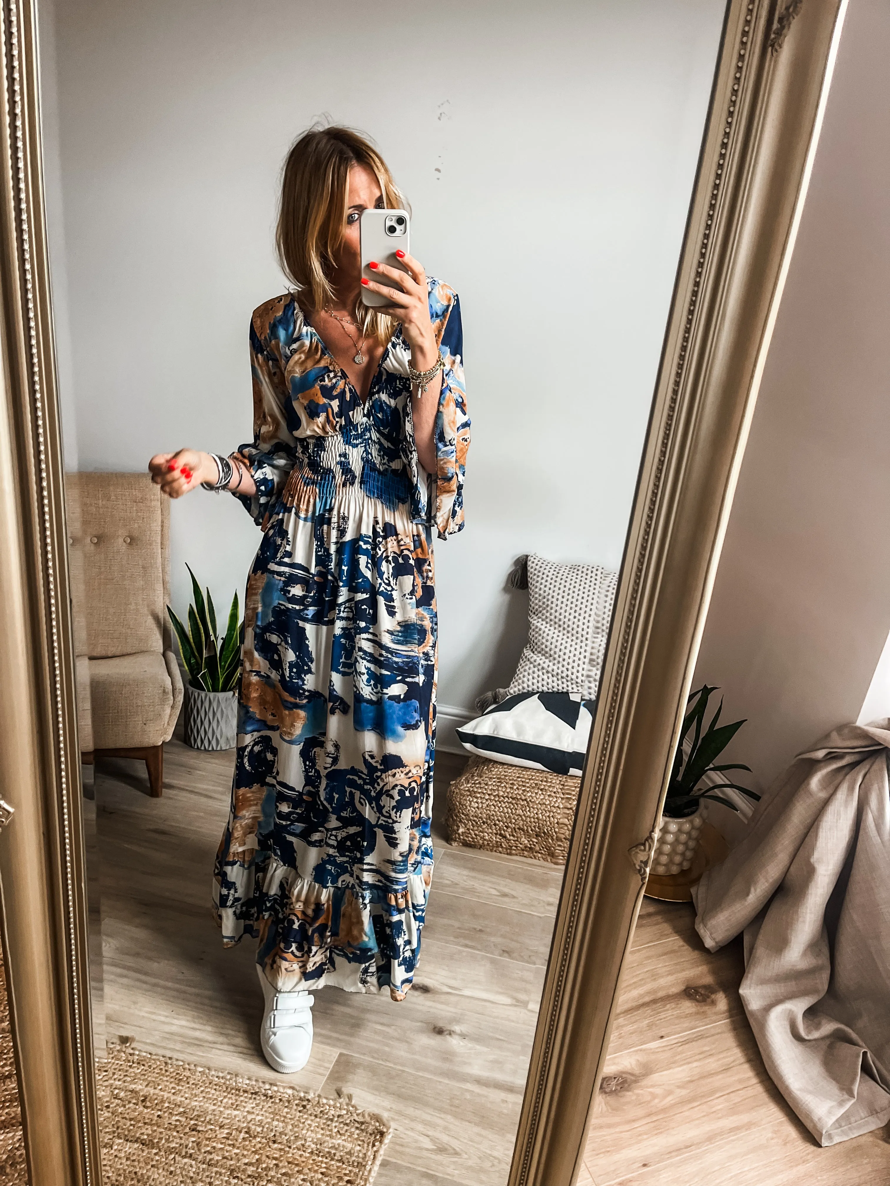 Tropical Print Shirred V-Neck Maxi Dress