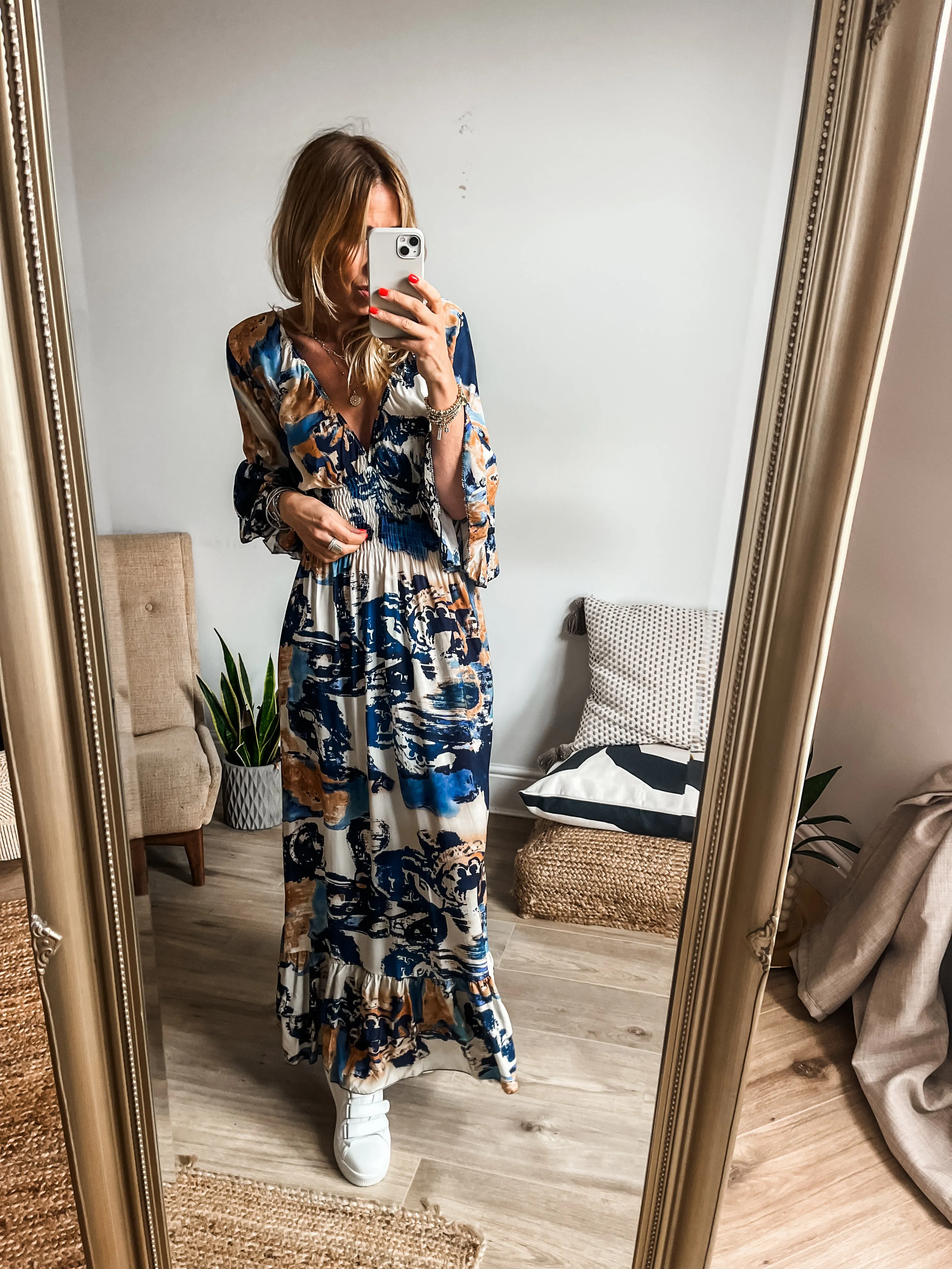 Tropical Print Shirred V-Neck Maxi Dress