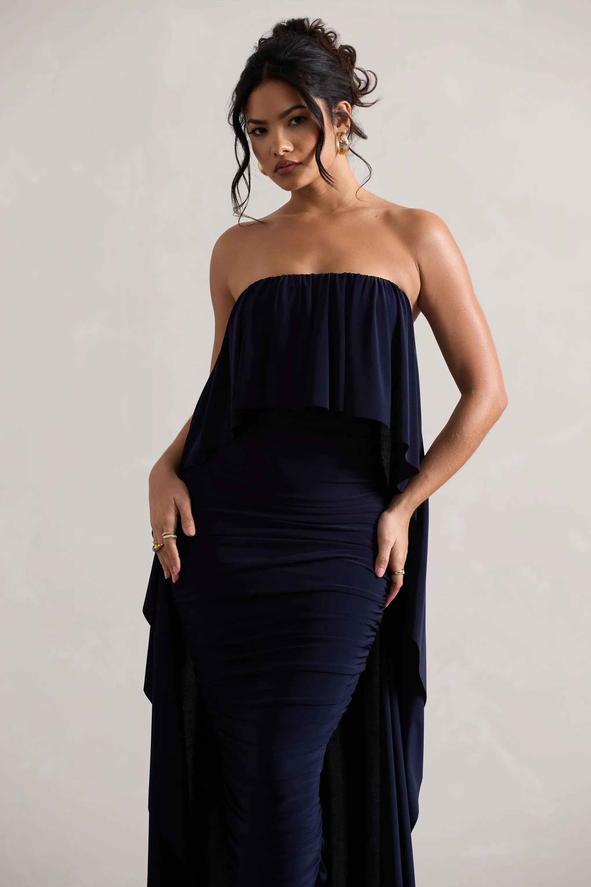 Upon A Time | Navy Ruched Bandeau Midi Dress With Cape