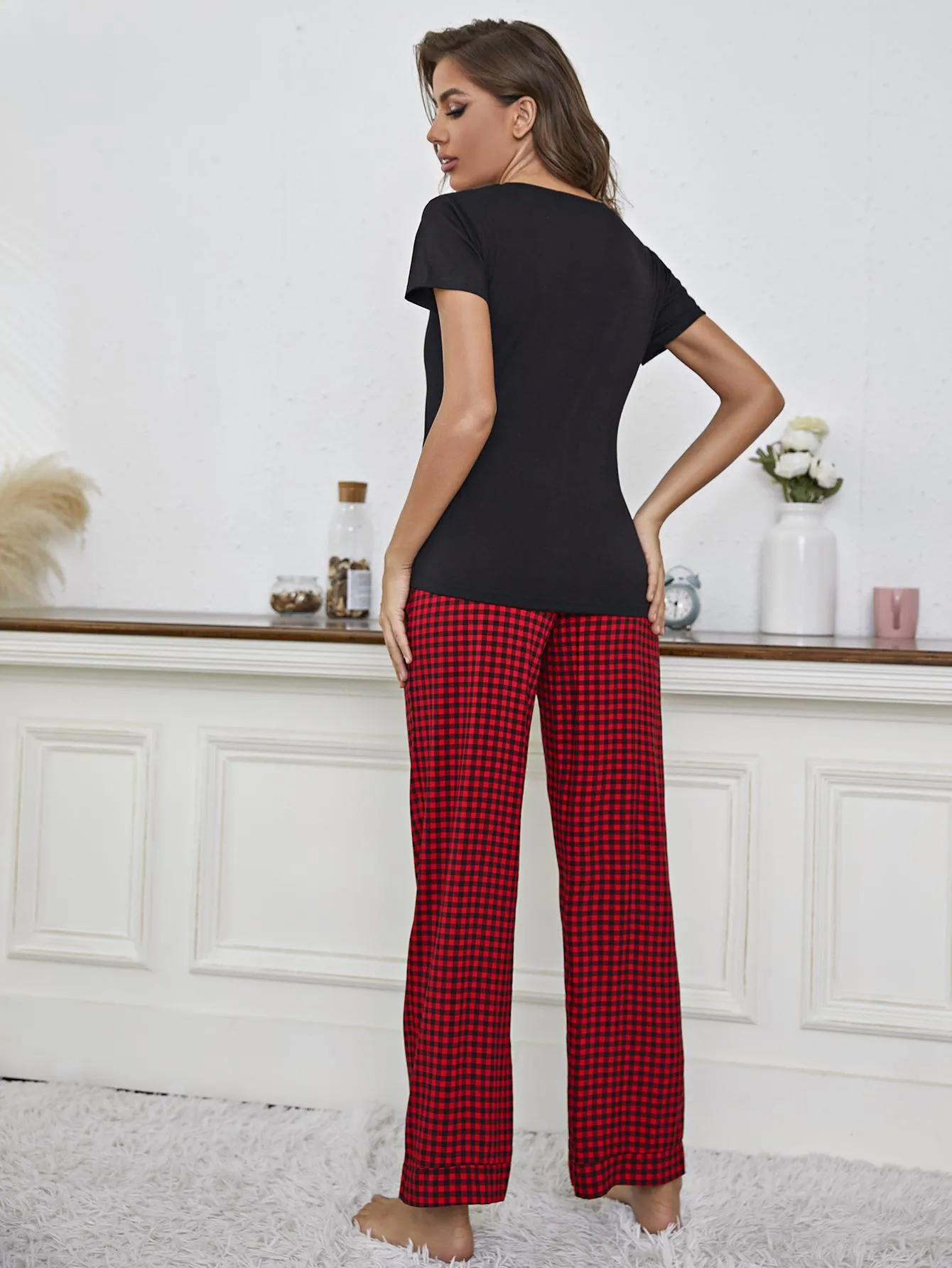 V-Neck Top and Gingham Pants Lounge Set