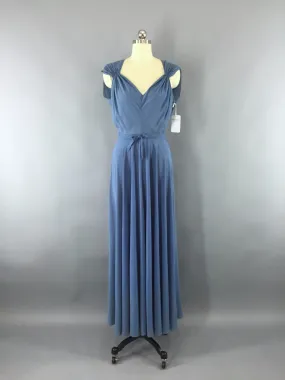 Vintage 1930s Blue Crepe Chiffon Bias Cut Maxi Dress