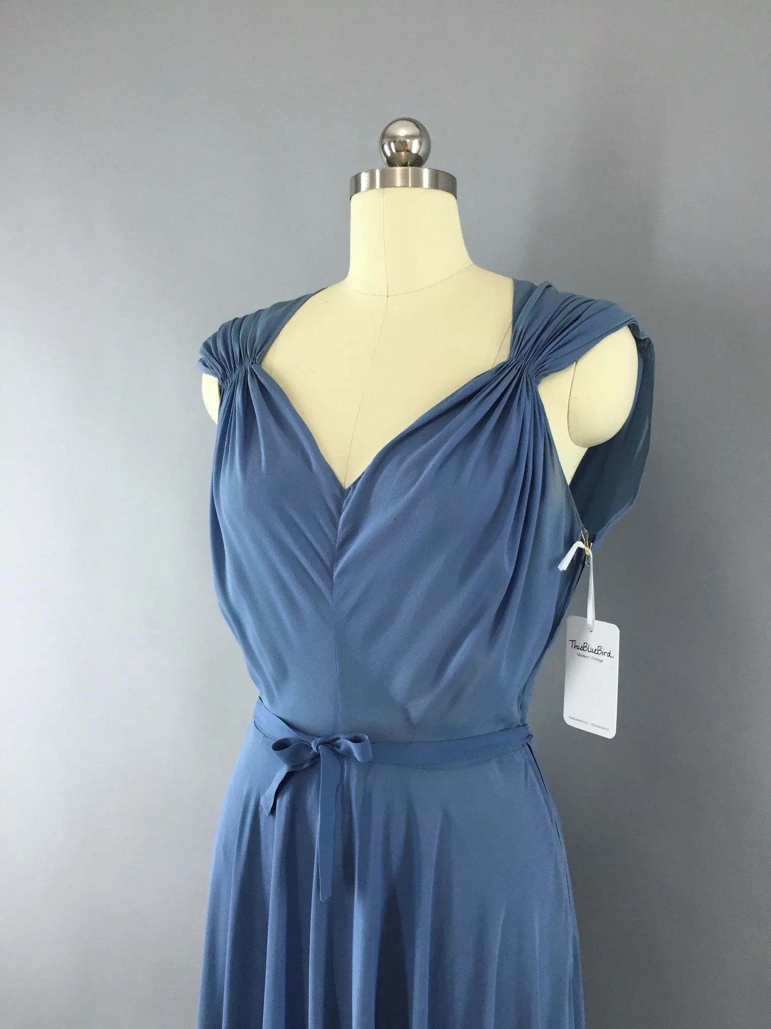 Vintage 1930s Blue Crepe Chiffon Bias Cut Maxi Dress