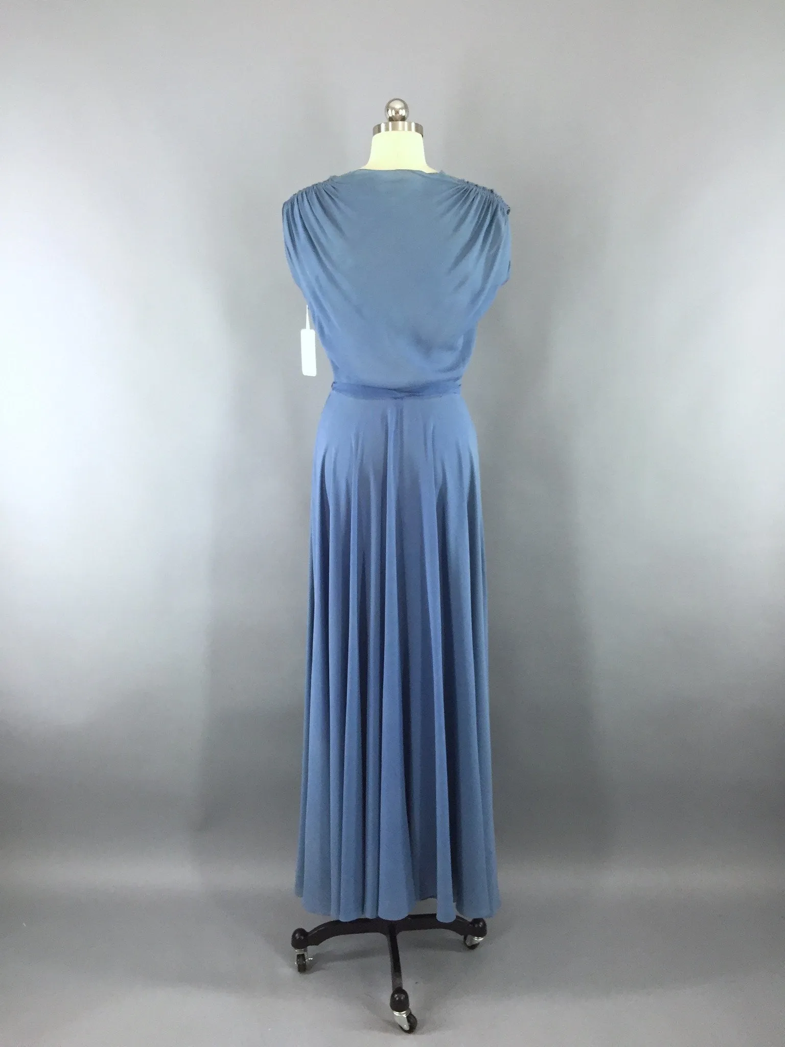 Vintage 1930s Blue Crepe Chiffon Bias Cut Maxi Dress