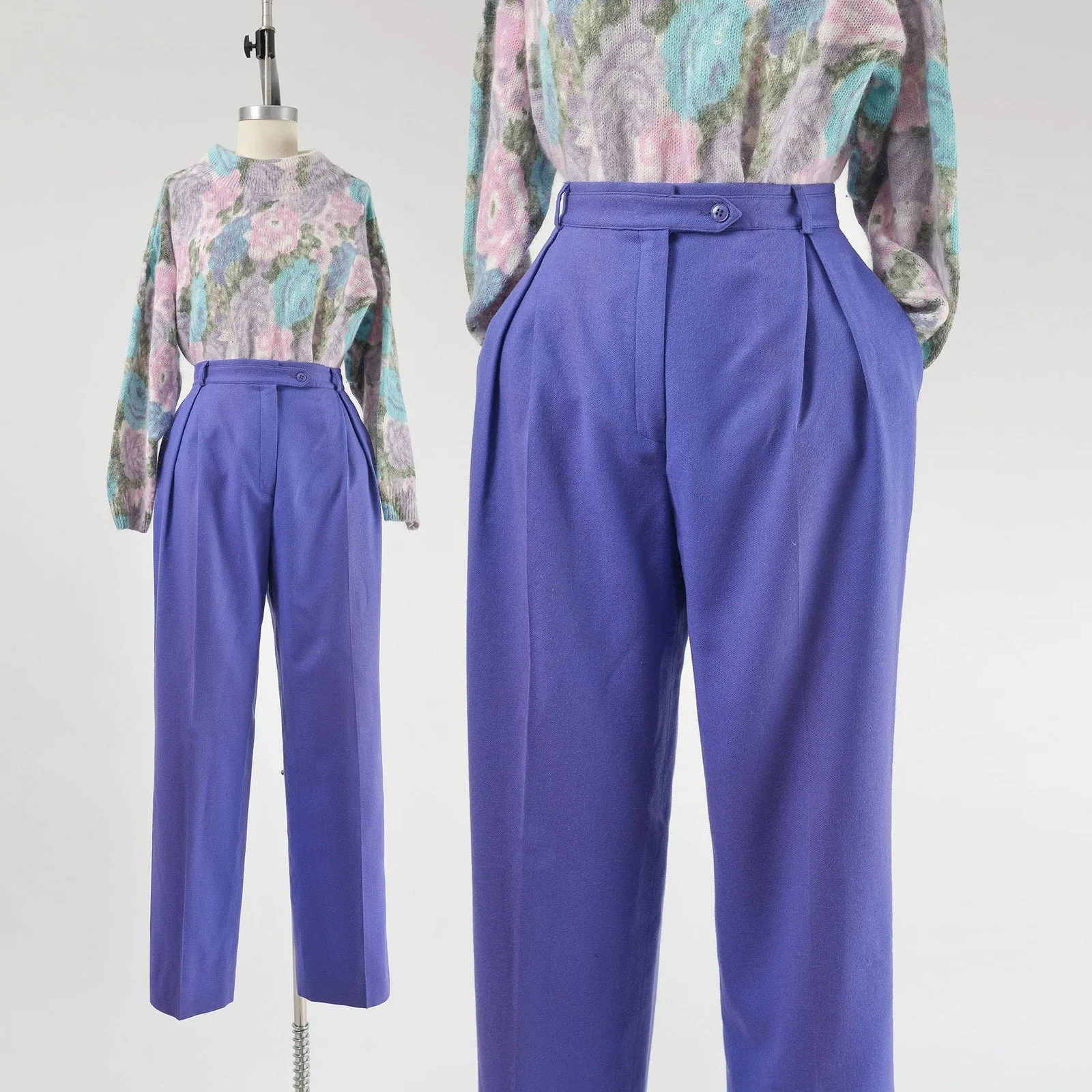 Vintage 80s Purple Wool Pants High Waisted Pleated Front Straight Leg Trousers size Small