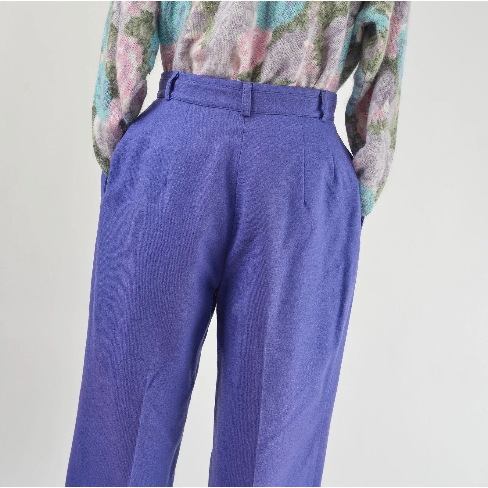 Vintage 80s Purple Wool Pants High Waisted Pleated Front Straight Leg Trousers size Small