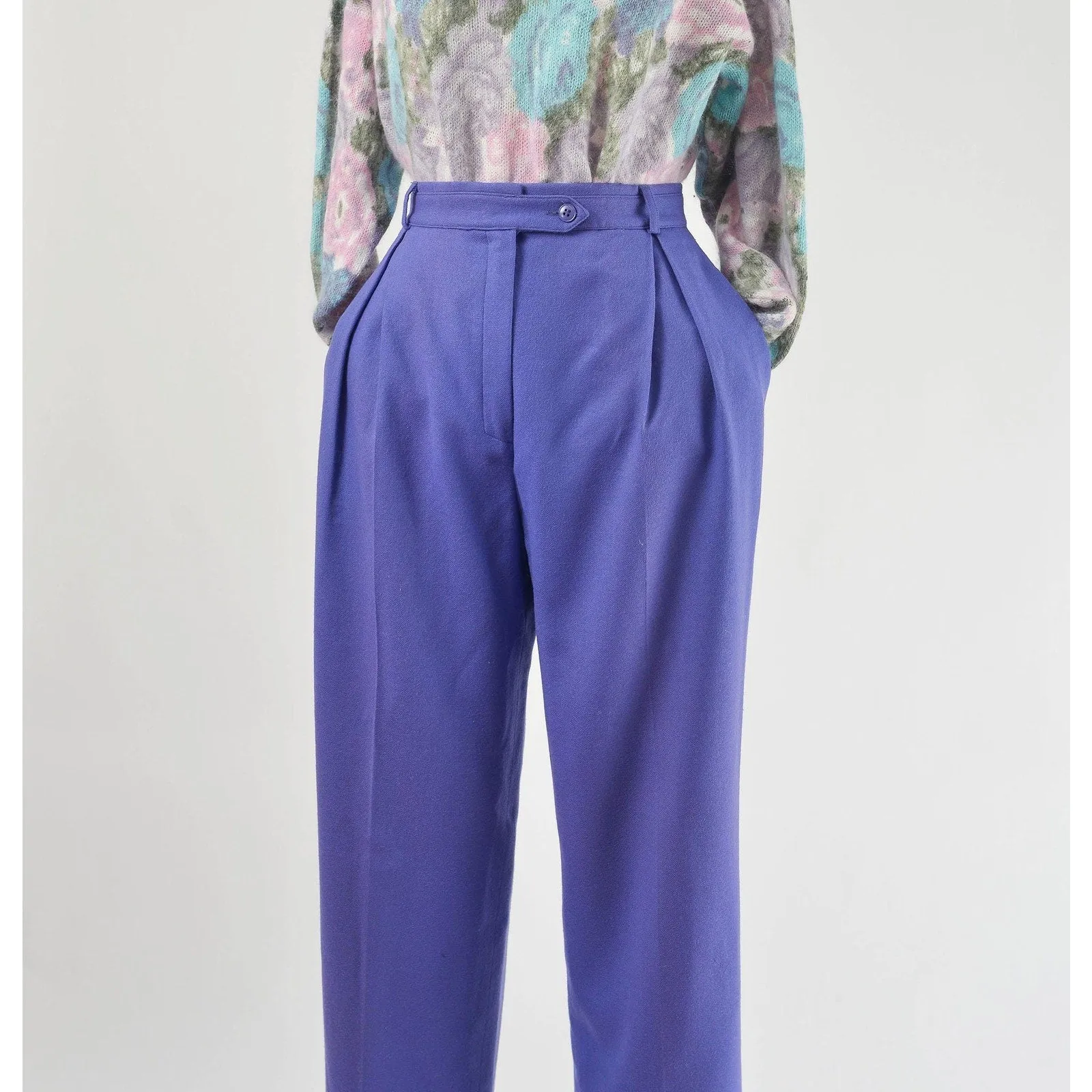 Vintage 80s Purple Wool Pants High Waisted Pleated Front Straight Leg Trousers size Small