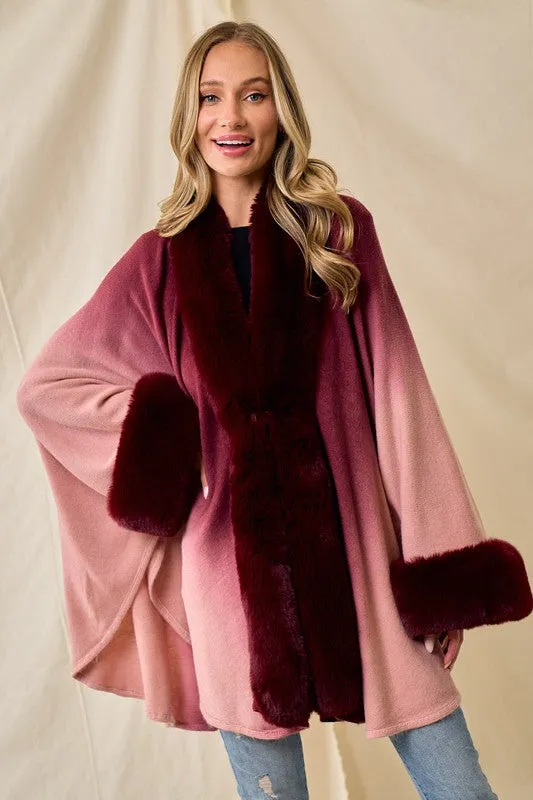 Wine Faux Fur Trim Ombre Cape