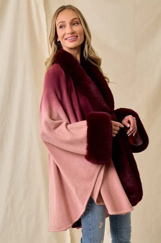 Wine Faux Fur Trim Ombre Cape