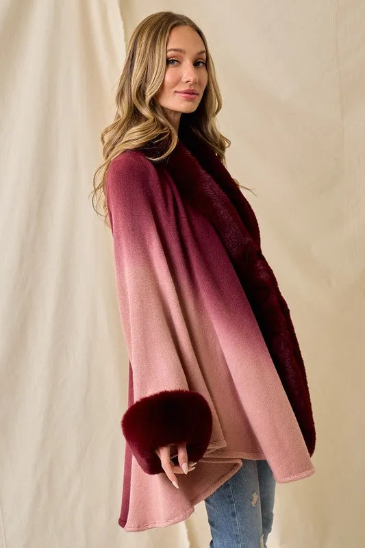 Wine Faux Fur Trim Ombre Cape