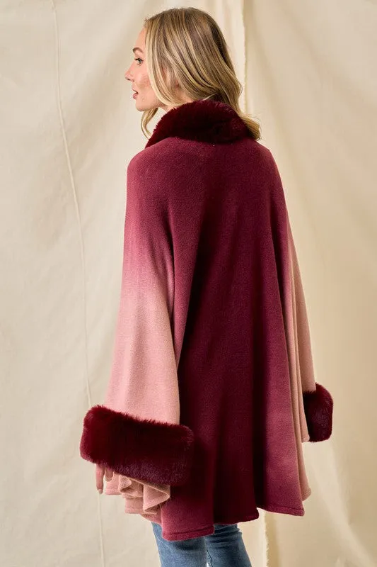 Wine Faux Fur Trim Ombre Cape