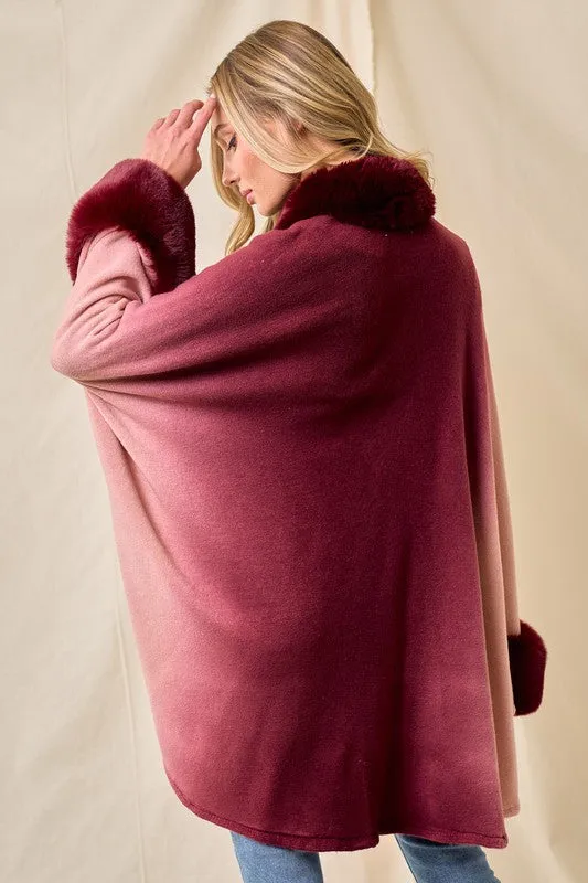 Wine Faux Fur Trim Ombre Cape