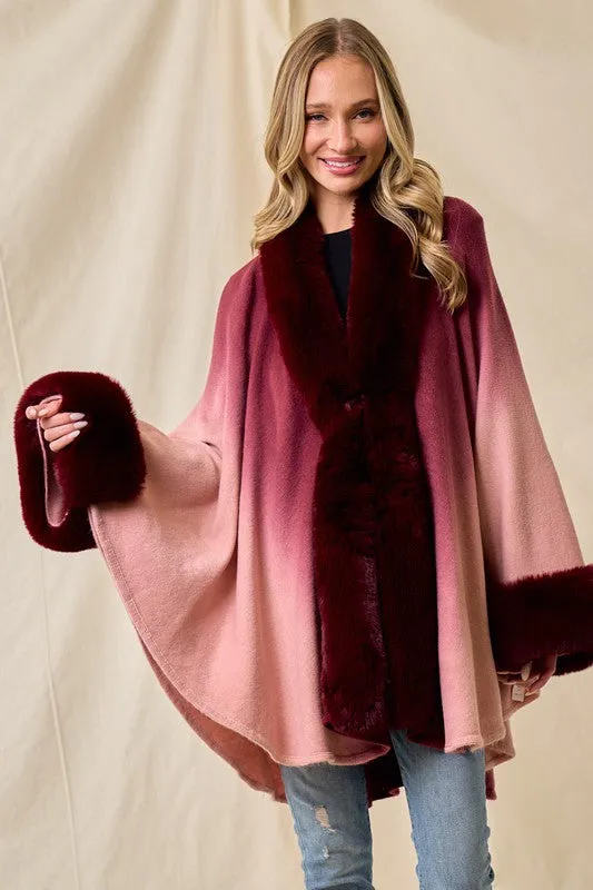 Wine Faux Fur Trim Ombre Cape