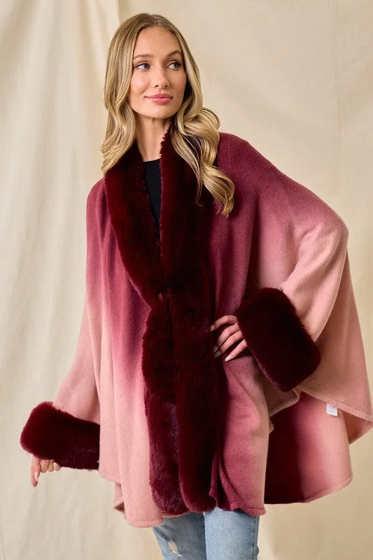 Wine Faux Fur Trim Ombre Cape