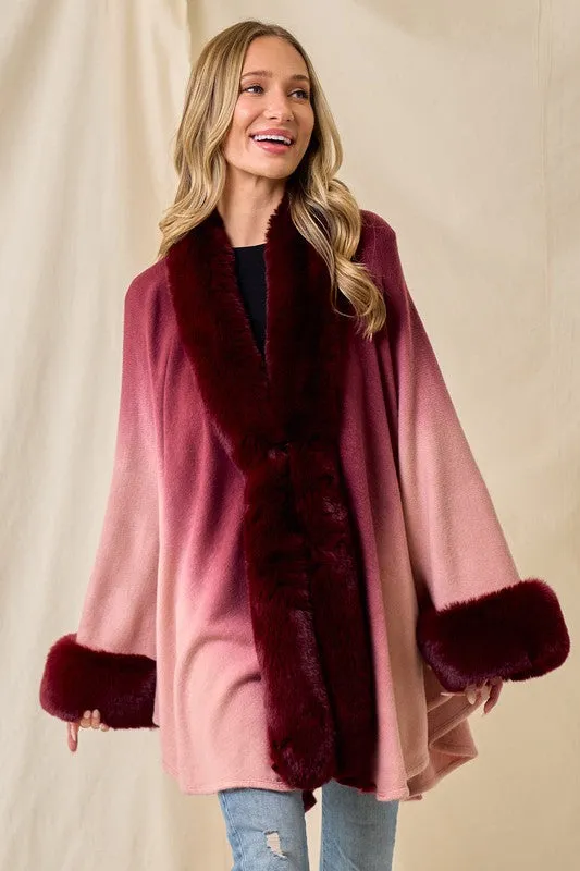 Wine Faux Fur Trim Ombre Cape