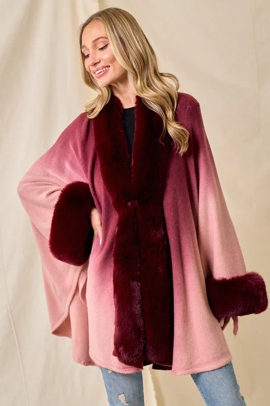 Wine Faux Fur Trim Ombre Cape