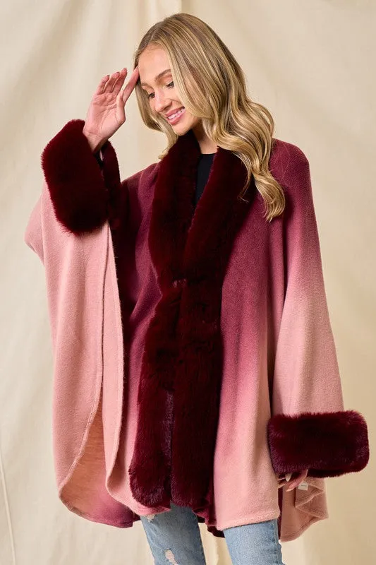 Wine Faux Fur Trim Ombre Cape