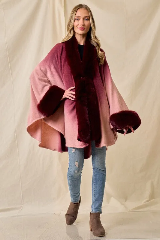 Wine Faux Fur Trim Ombre Cape