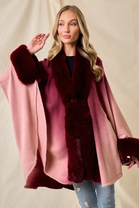 Wine Faux Fur Trim Ombre Cape