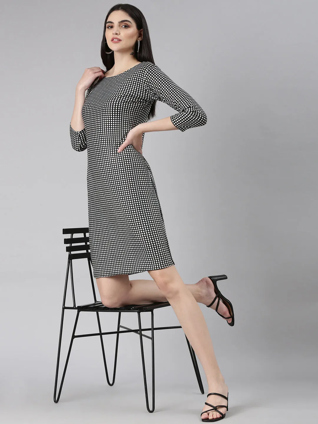 Women Silver Checked Bodycon Dress