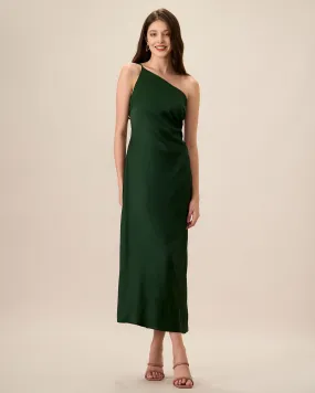 Women's Green One-shoulder Satin Maxi Dress