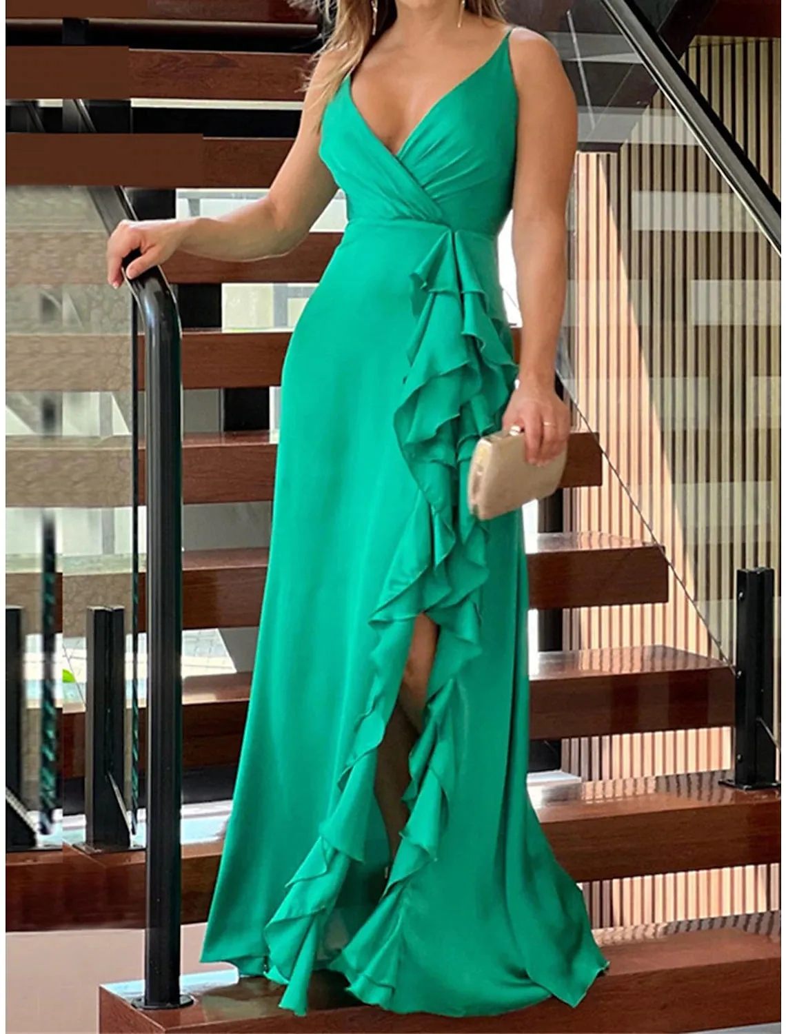 Women's Prom Dress Party Dress Wedding Guest Dress Long Dress Maxi Dress Fuchsia Green Dark Blue Sleeveless Pure Color Ruffle Spring Fall Winter Spaghetti Strap Fashion Birthday Evening Party Wedding