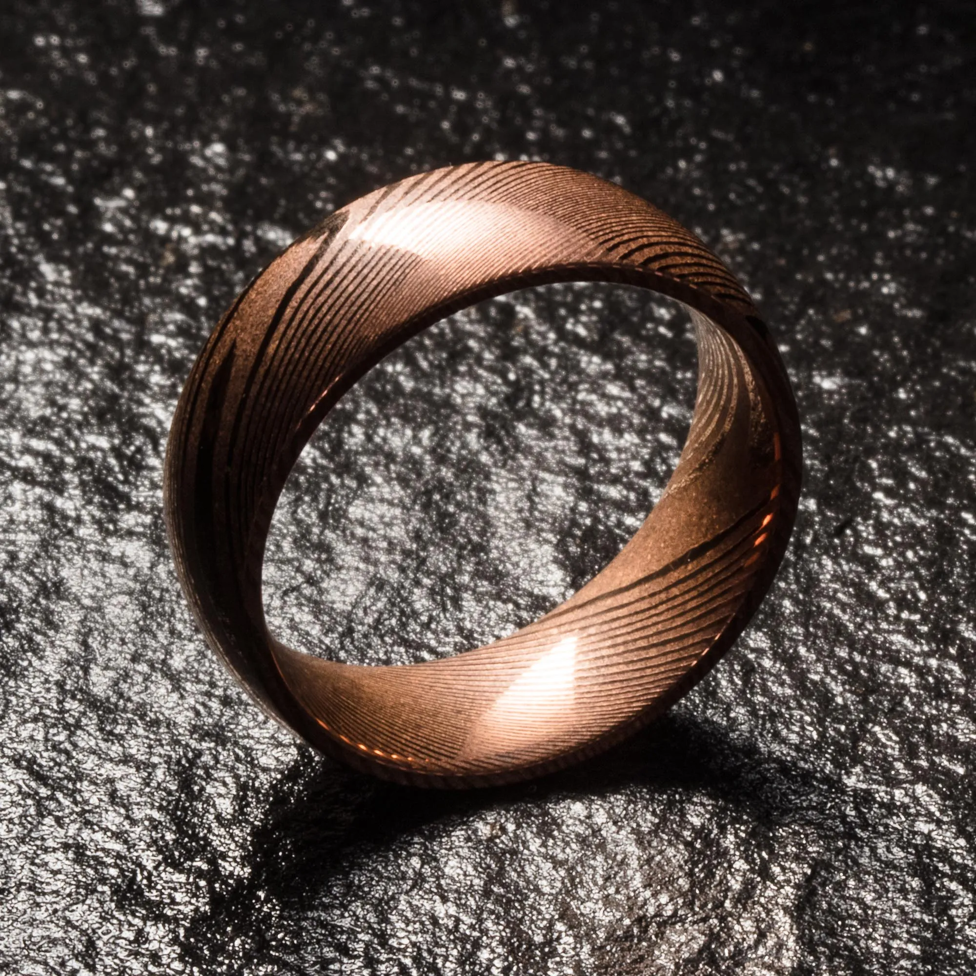 Wood Grain Damascus Steel Ring - Copper Minimalist