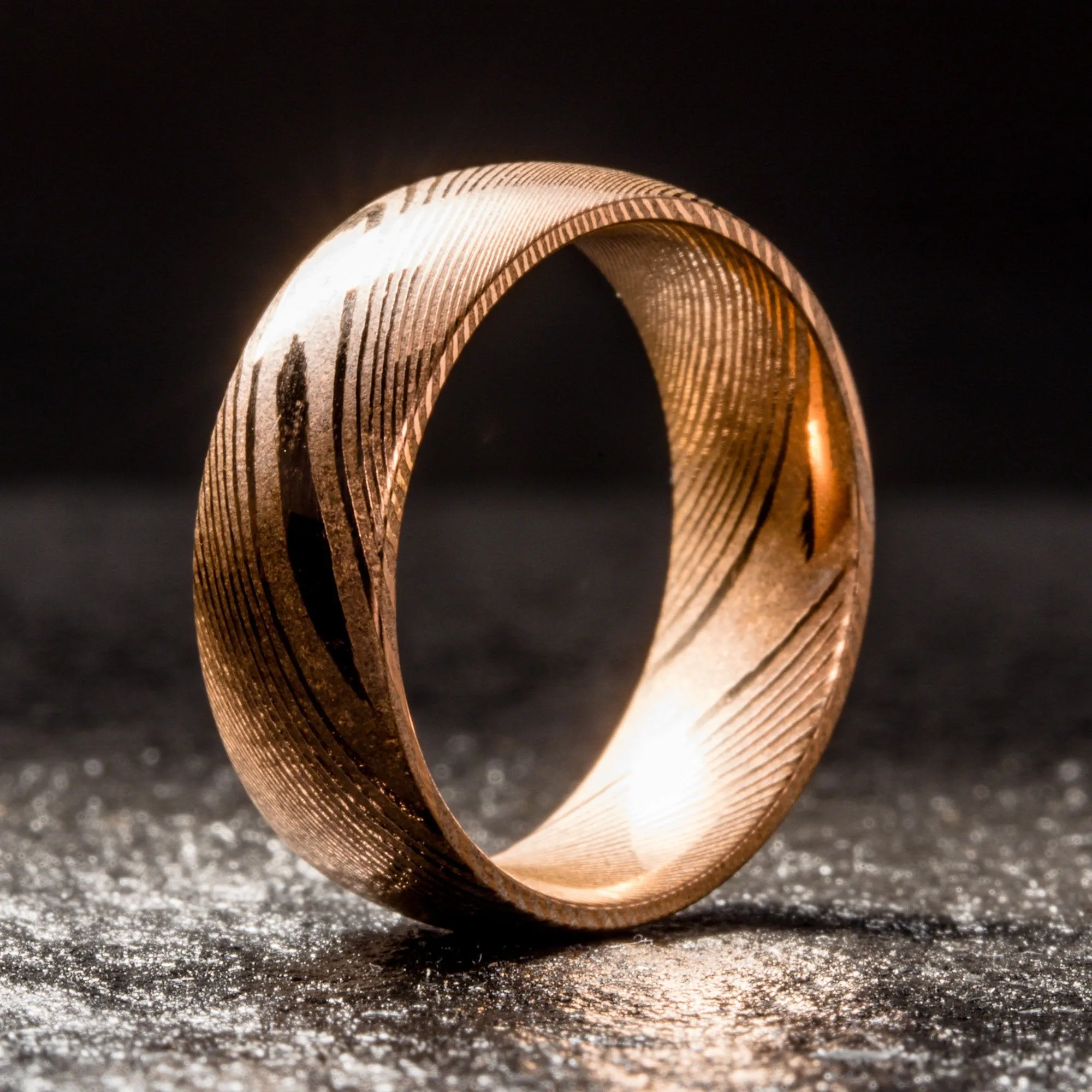 Wood Grain Damascus Steel Ring - Copper Minimalist