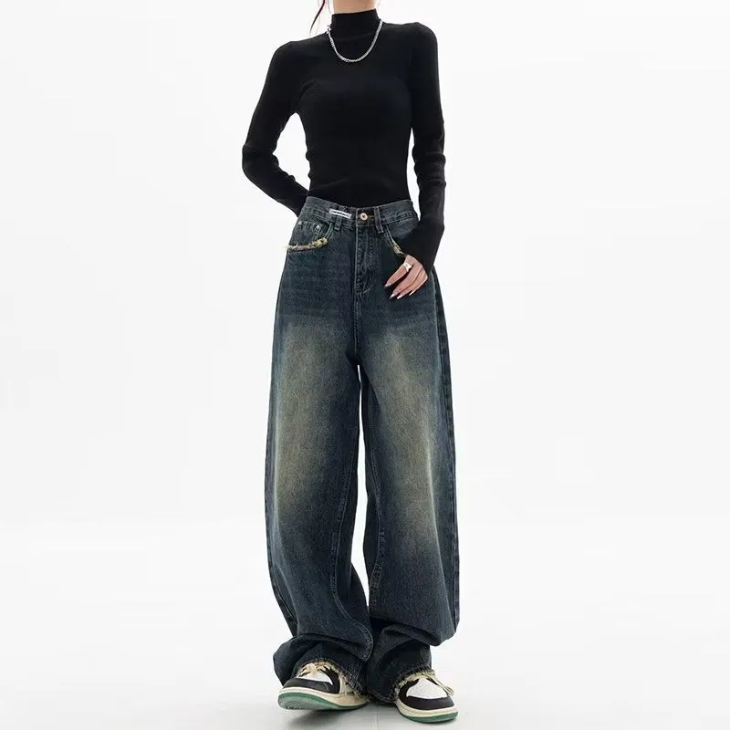 xiangtuibao Harajuku Fashion High Waist Women Spring and Autumn New Versatile Zipper Light Color and Water Scrubbing Trendy Jeans Simple Straight-Leg Pants