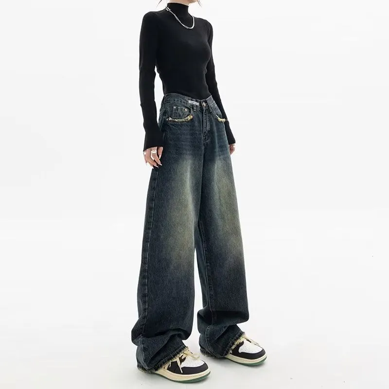 xiangtuibao Harajuku Fashion High Waist Women Spring and Autumn New Versatile Zipper Light Color and Water Scrubbing Trendy Jeans Simple Straight-Leg Pants