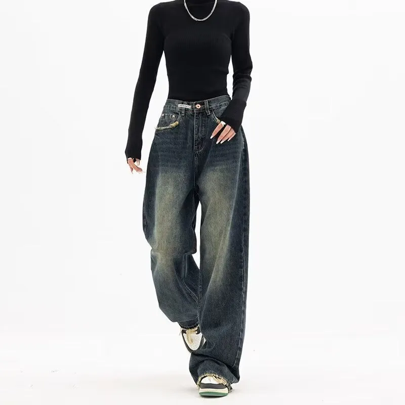 xiangtuibao Harajuku Fashion High Waist Women Spring and Autumn New Versatile Zipper Light Color and Water Scrubbing Trendy Jeans Simple Straight-Leg Pants