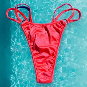 Y2K Double Strap O-Ring Thong Bikini Bottom | Neon Coral